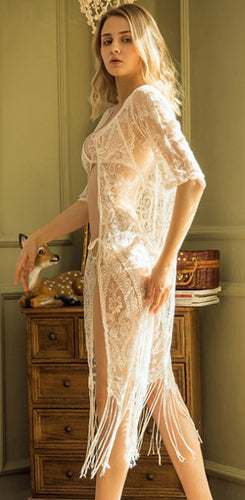 3PC White Long Lace Robe