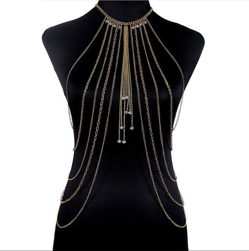 Sexy Bikini Beach Crystal Body Chain, Gold Body Necklace Chain,  Belly Bodychain