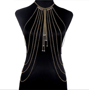 Sexy Bikini Beach Crystal Body Chain, Gold Body Necklace Chain,  Belly Bodychain