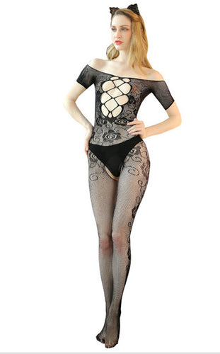 Diamond Net Neckline with Garters Bodystocking