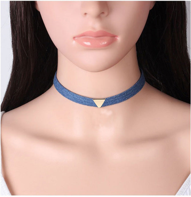 Tassel Jean Denim Collar Blue Jean Choker Necklace Jewelry (Black/Silver Triangle)