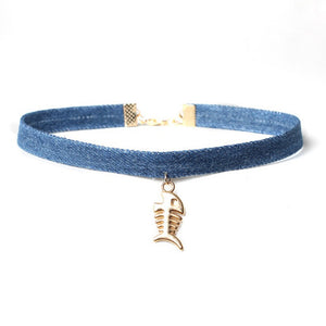 Tassel Jean Denim Collar Choker Necklace with Pendant for Woman, Girl