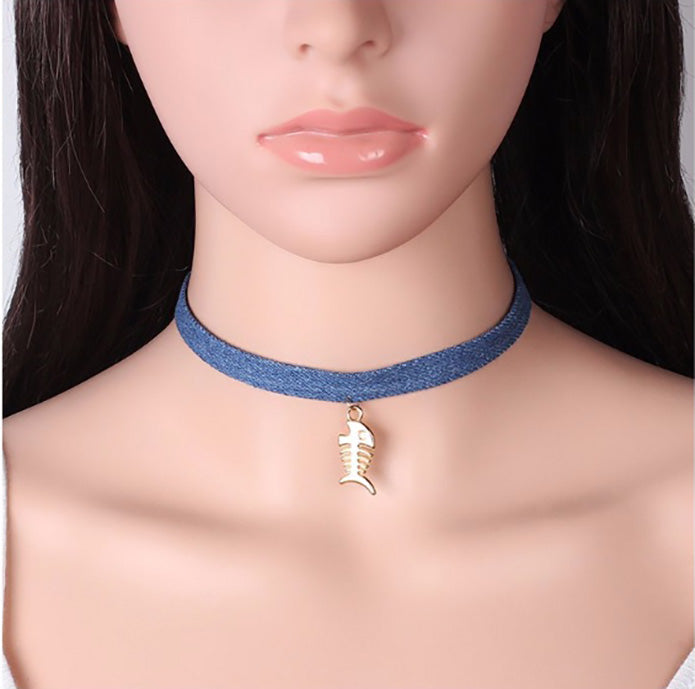 Tassel Jean Denim Collar Choker Necklace with Pendant for Woman, Girl