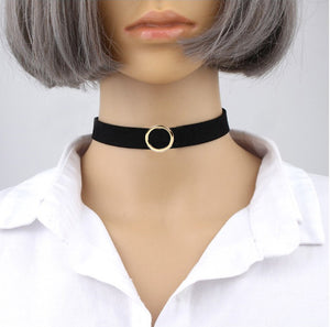 Elegant Girls Plain Black Wide Velvet Choker Necklace with Gold Circle Extender Chain Sexy look